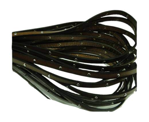 Flat Leather Cord With Steel Studs-5mm-Brown