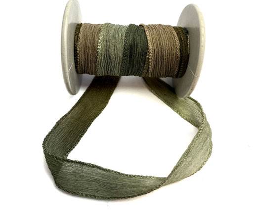 Hand dyed silk ribbons - Brown- Green