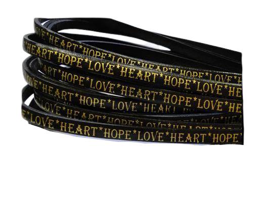 Real Flat Leather-5MM-Hope Love Heart style-Black-Gold