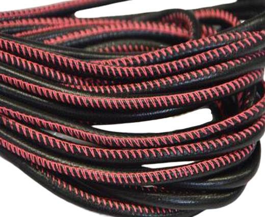 Round stitched nappa leather cord Black-fuschsia-4mm