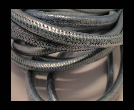 Round stitched nappa leather cord Metallic Silver Blue-6mm