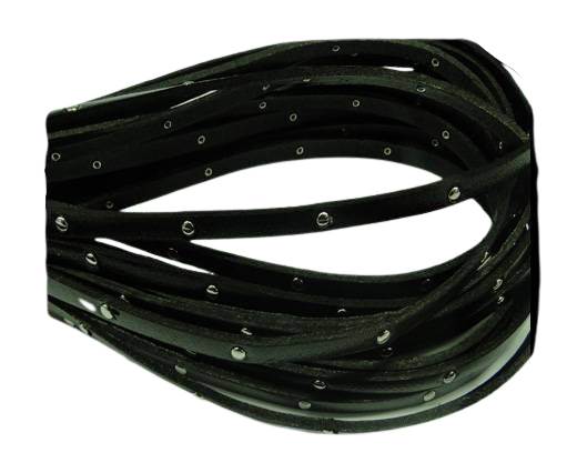 Flat Leather Cord With Steel Studs-5mm-Black