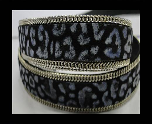 Hair-on leather with Chain - 14 mm - Black with light blue spots