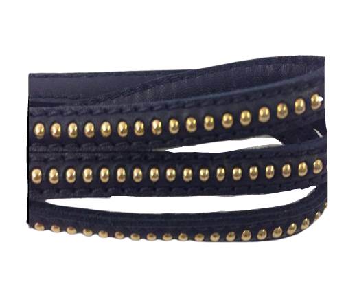 Real Nappa leather with gold plated ball chains-6mm-Dark blue
