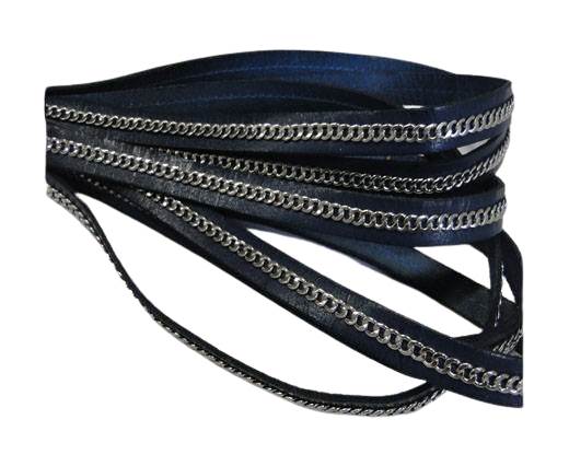 Stainless steel chain on leather-style 14-10mm-Navy Blue
