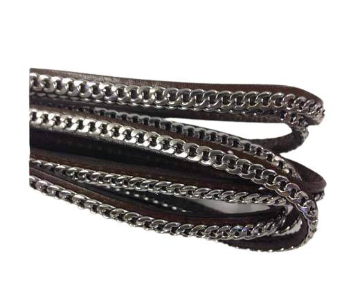 Stainless steel chain on leather-style 14-5mm-dark brown