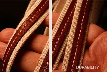 Close up of leather and fabric cords