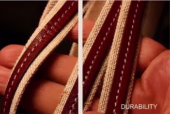 Close up of leather and fabric cords