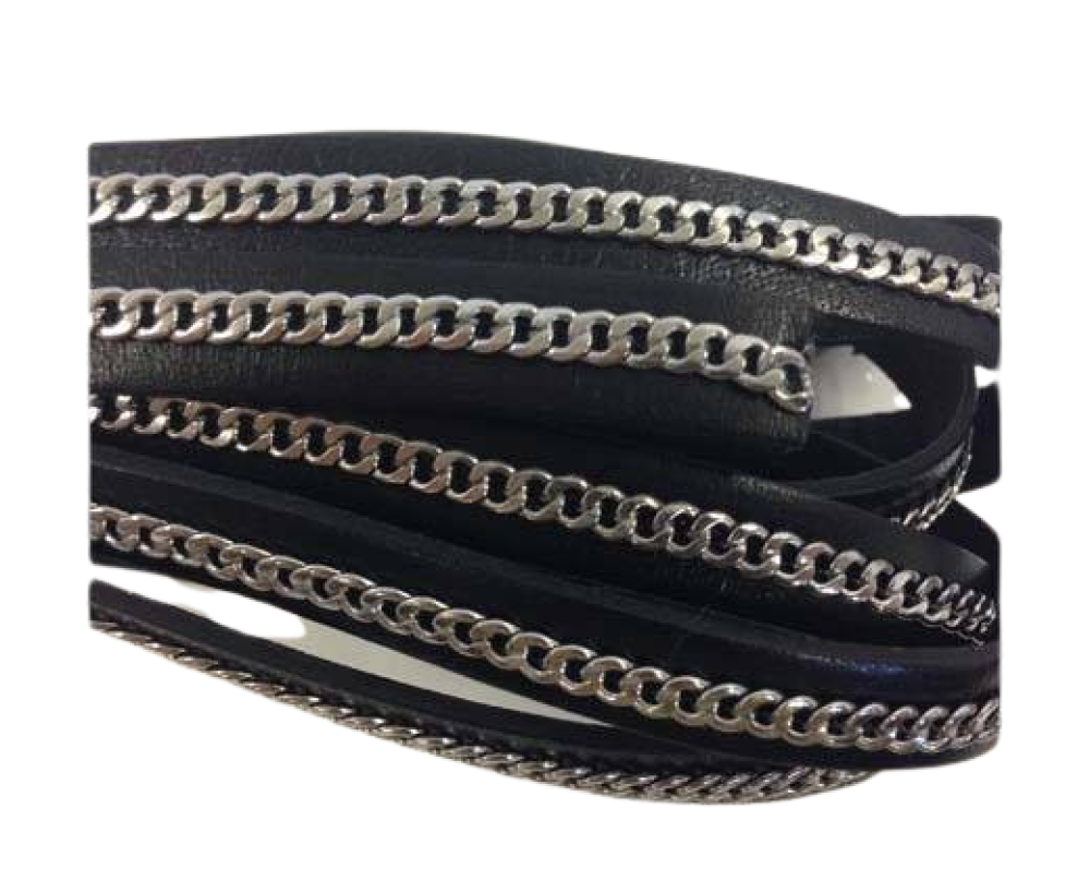 Stainless steel chain on leather-style 14-10mm-black