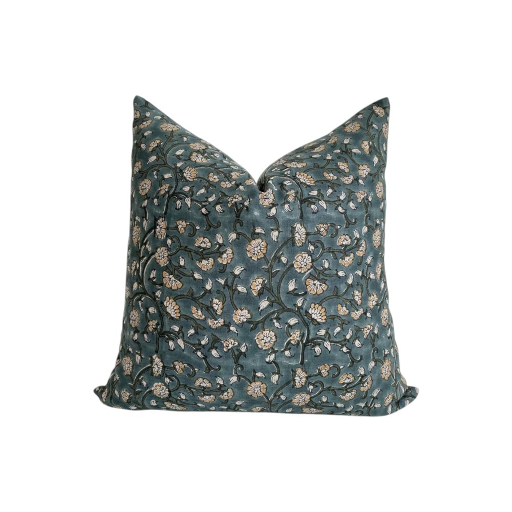 Dark Blue Cotton Cushion with Flowers