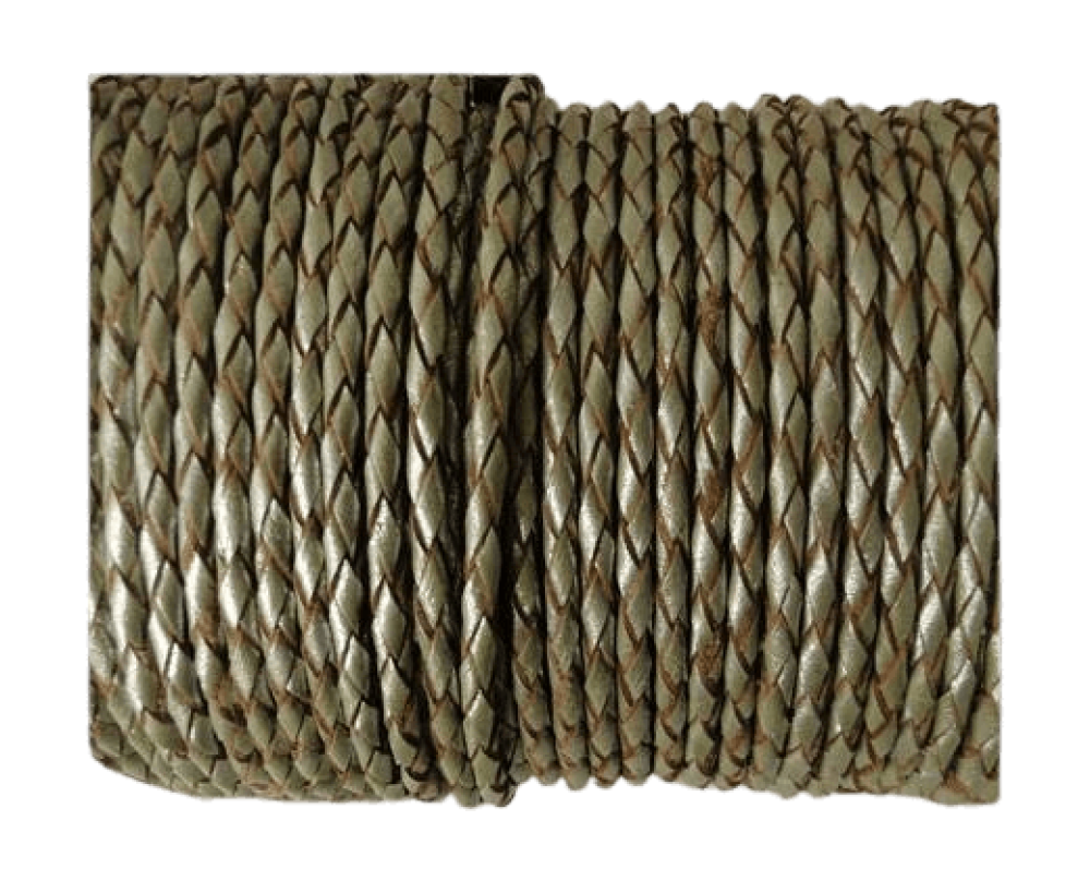 Oslo Round Braided Leather Cord - 3mm - Metallic Olive Green
