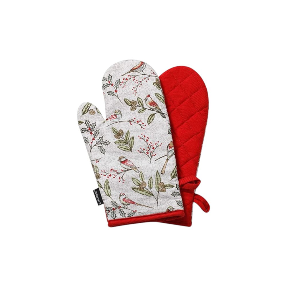 Grey and Red Oven Mitt with Birds