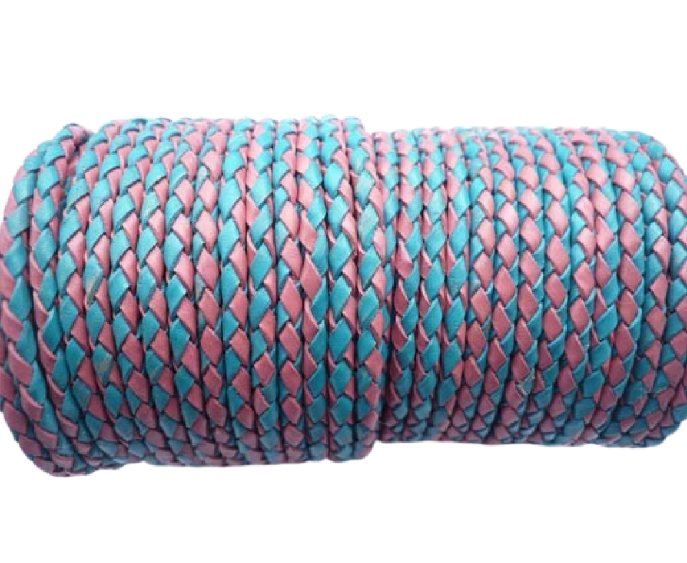Oslo Round Braided Leather Cord - 5mm - Pink Blue