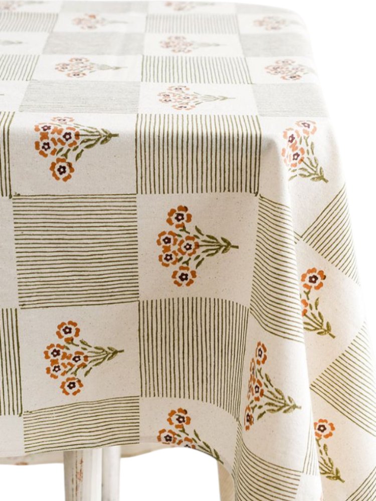 Green and Flower Printed Waxed Tablecloth