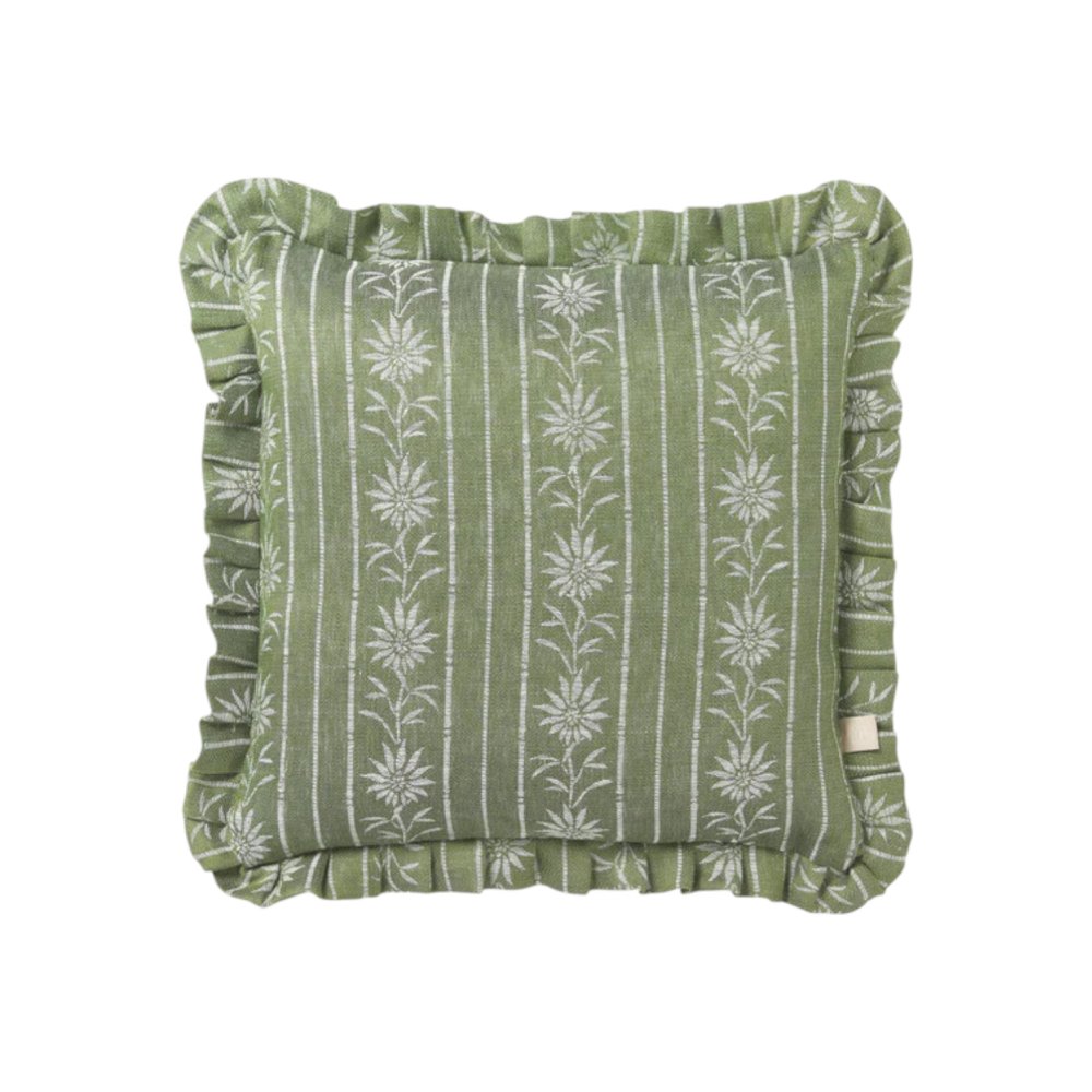 Green and White Flower Printed Cotton Cushion