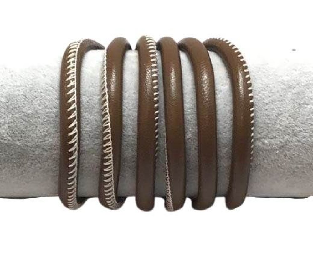 Round stitched nappa leather cord-6mm-Brown with white