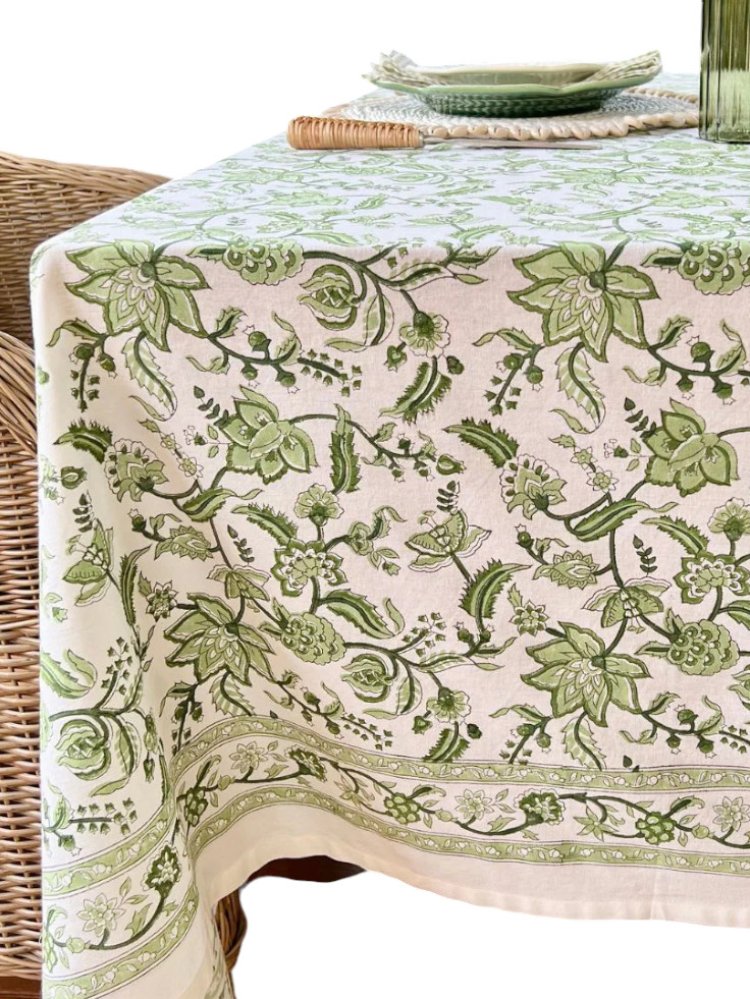 Green and White Patterned Waxed Tablecloth