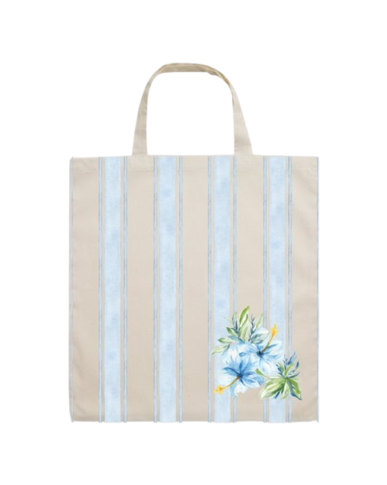 Cotton Tote Bag - blue flower stripe