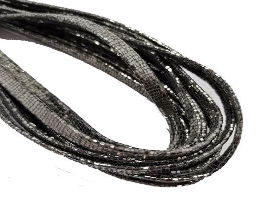 Flat Nappa Leather cords - 5mm - Lizard lamina dark silver
