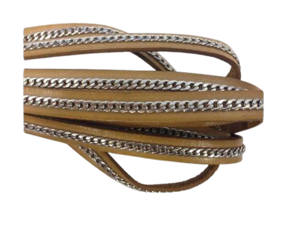 Stainless steel chain on leather-style 14-10mm-camel