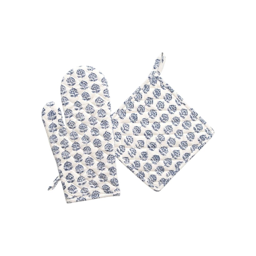 Blue and White Patterned Oven Mitt and Hot Plate