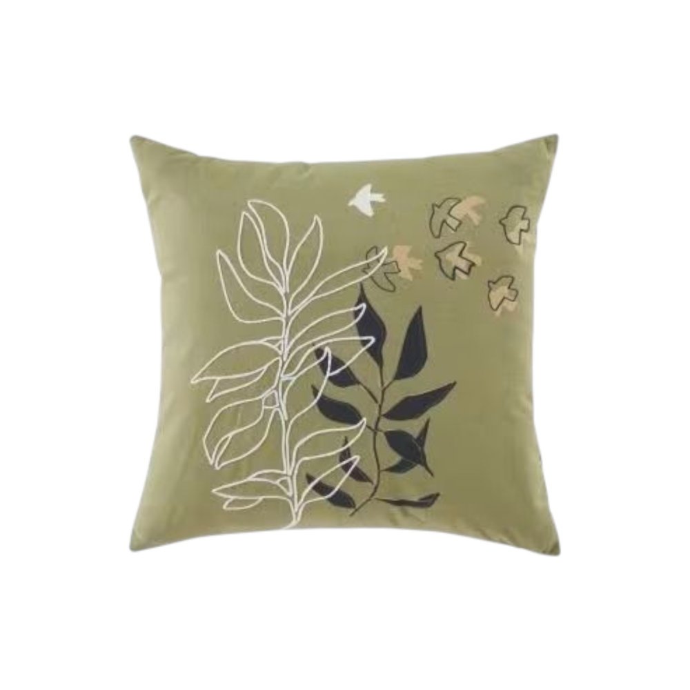 Green Cotton Cushion with Birds