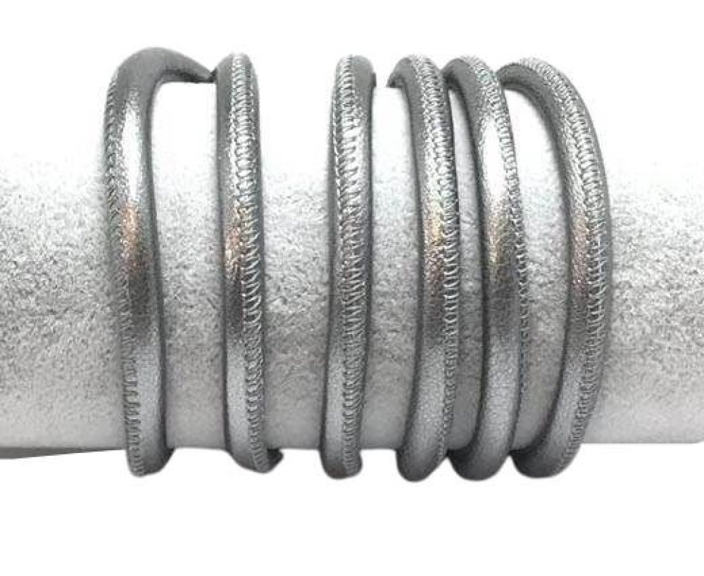 Round stitched nappa leather cord - 6mm - Dark silver