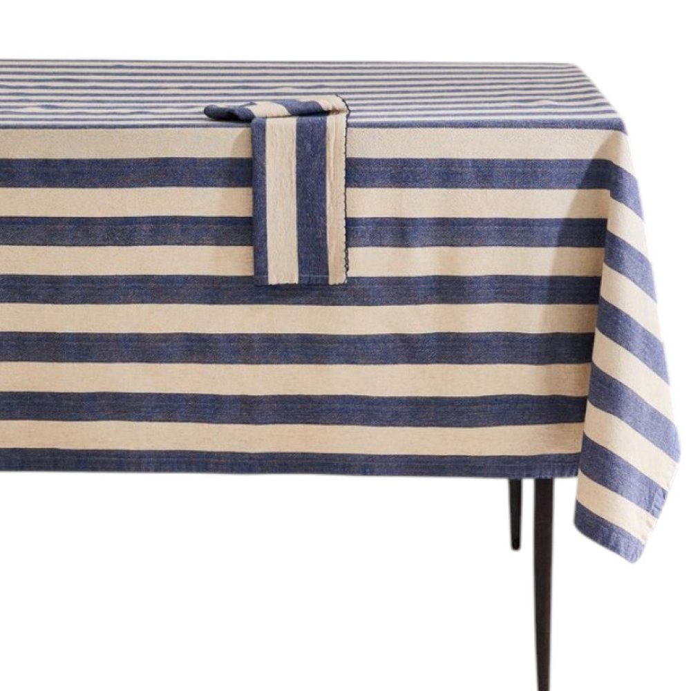 Blue and White Striped Waxed Tablecloth