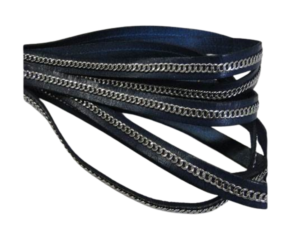 Stainless steel chain on leather-style 14-10mm-Navy Blue