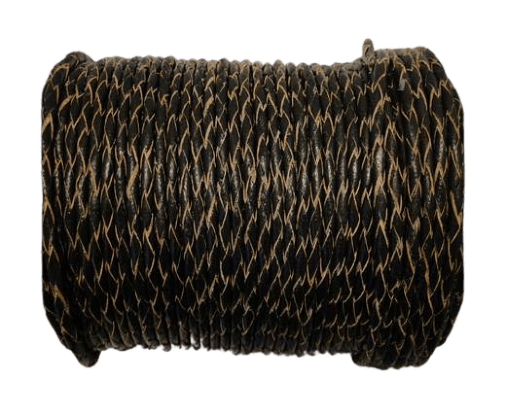 Oslo Round Braided Leather Cord - Black-natural edges - 4mm