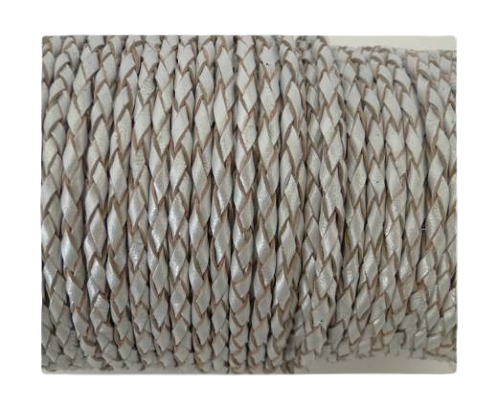 Oslo Round Braided Leather Cord - 3mm - metallic silver