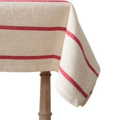 White Waxed Tablecloth with Thin Red Stripe
