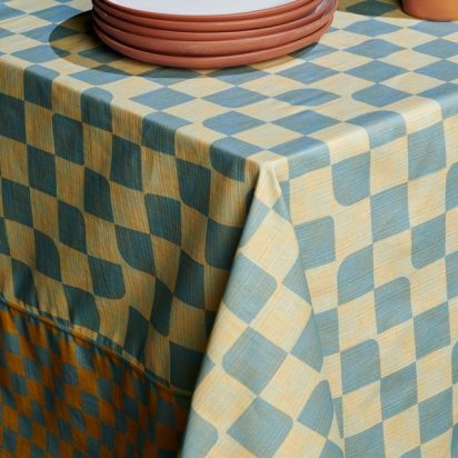 Blue and White Checkered and Bordered Waxed Tablecloth