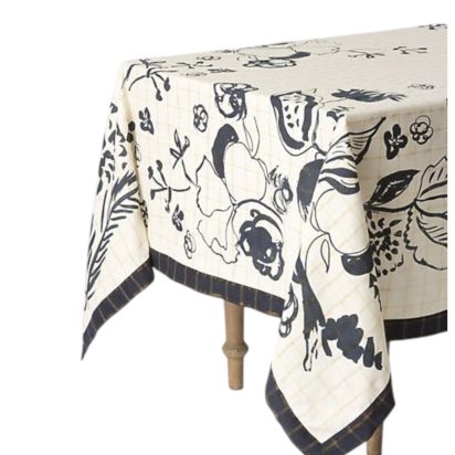 Cream Cotton Tablecloth with Blue Line Art