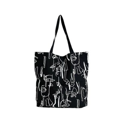 Black Cotton Tote Bag with White Line Art