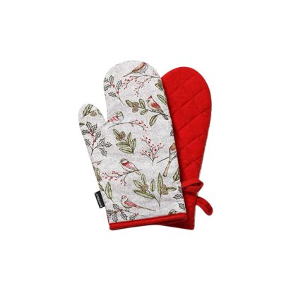 Grey and Red Oven Mitt with Birds