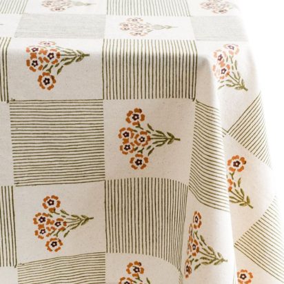 Green and Flower Printed Waxed Tablecloth
