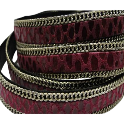 Suede Leather cords with Chains - 10mm - Snake Bordeaux