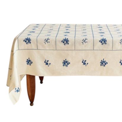 Blue Floral Printed White Waxed Tablecloth