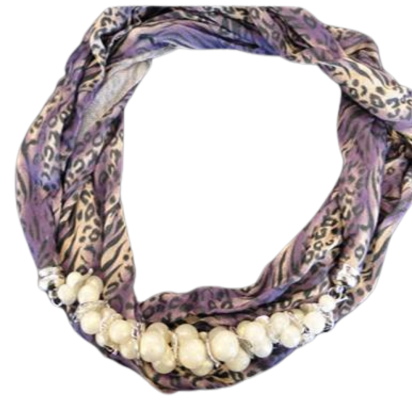 Scarf With Beads - Style 1 - Purple Leopard