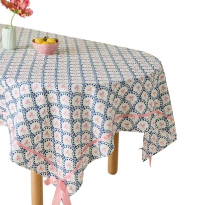 Blue and Pink Bow Patterned Waxed Tablecloth