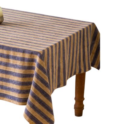 Blue and Cream Striped Waxed Tablecloth
