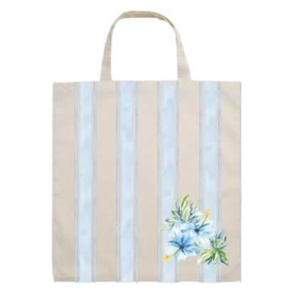 Cotton Tote Bag - blue flower stripe