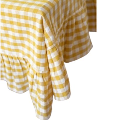 White and Yellow Checker Printed Ruffled Waxed Tablecloth