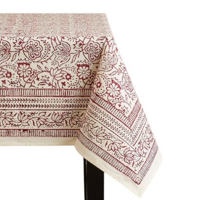 Beige Cotton Tablecloth with Red Patterns