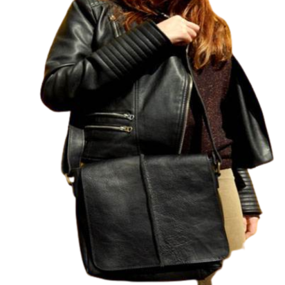 LeatherBag25 - Messanger Bag With Stitched Line - Black